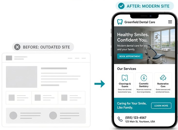 Before and after: an outdated, plain website layout next to a modern, mobile-friendly website on a phone
