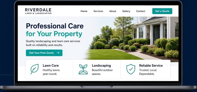 Laptop showing an example small-business website with a clean, modern layout