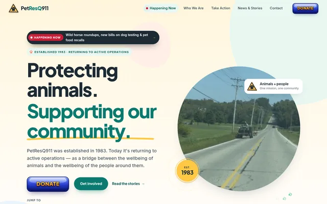 Homepage of a animal welfare nonprofit website we built