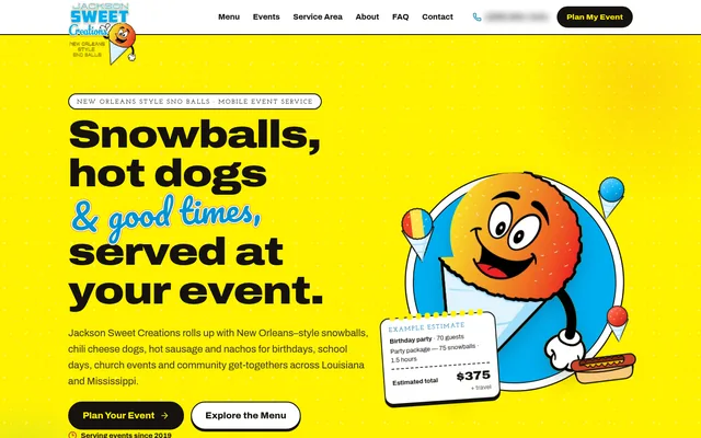 Homepage of a event food vendor website we built