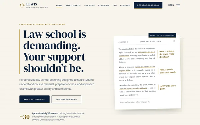 Homepage of a law school tutoring website we built