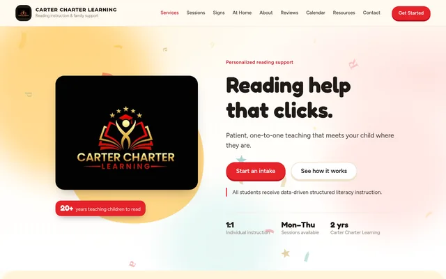 Homepage of a reading tutor website we built