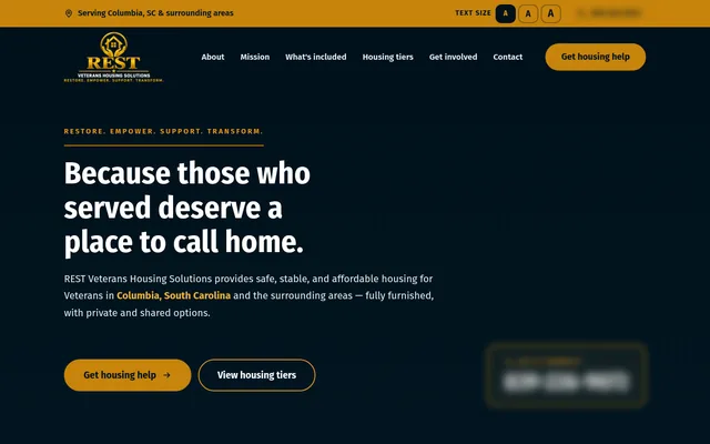 Homepage of a veterans housing nonprofit website we built